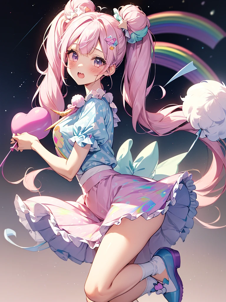 (whole body, legs and shoes visible: 1.2)) Expressive eyes, One girl, Pale skin, Long Hair, Windblown Hair, ((absurdly Long Hair)), Long Side Lock, Princess bangs, Hair bangs, Hair Bun, ((Very long twin tails)), Rainbow Hair, Light pink hair, blush, full face blush, big sparkling Pastel Purple eyes, (Gradient Eye), Laughing with your mouth open, cute pose, ((Holding a balloon : 1.3)) ((cute and pastel fashion)) ((🦄🎠🎈🎉 theme : 1.4)) A loose pastel dress, ((Dreamy multi-colored open dress)), (Floating ribbon), Lavender Frill, Pink frills, (Light blue lace), Removable short sleeves, Fluffy skirt, ((Rainbow and star printed skirt : 1.3)), Lolita Skirt, Purple ribbon, ((pom pom ribbon hair ornament : 1.4)), Multiple Bows, Striped lace stockings, (heart型のレッグガーター), cute (Pastel Purple) shoes ((Ultra-detailed clothing and fashion)) I&#39;m watching you, Vintage Girl, blush, (Beautiful attention to detail), (Highly detailed CG Unity 8k wallpaper) (Best Shadow), ((Very delicate and beautiful)), (Detailed light), ((Depth of written boundary)) Big Head, Big, bright eyes, Moe, Splash Art, Cinema Lighting, Front view, volumetric lighting maximalist photo illustration k resolution high resolution intricate detailed complex key visuals precise linear ((Dreamy pastel sky background, Surrounded by sunset clouds, shooting star, Castle above the clouds)) ((Ultra-detailed landscapes, Foggy clouds, Hung by balloons, heart : 1.3))