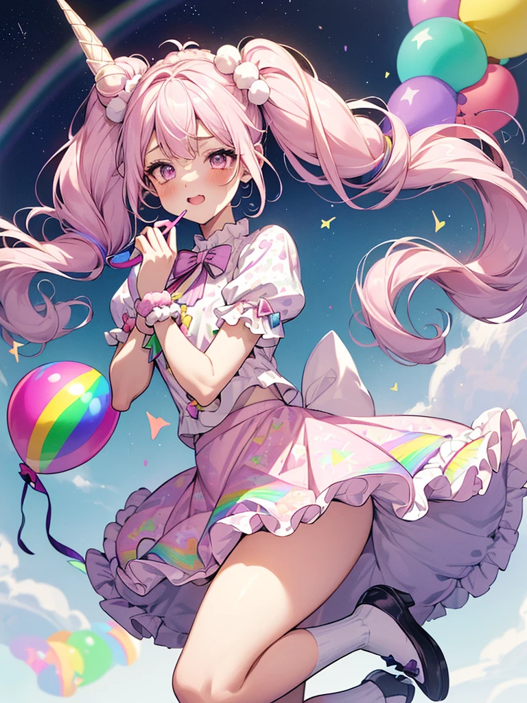 (whole body, legs and shoes visible: 1.2)) Expressive eyes, One girl, Pale skin, Long Hair, Windblown Hair, ((absurdly Long Hair)), Long Side Lock, Princess bangs, Hair bangs, Hair Bun, ((Very long twin tails)), Rainbow Hair, Light pink hair, blush, full face blush, big sparkling Pastel Purple eyes, (Gradient Eye), Laughing with your mouth open, cute pose, ((Holding a balloon : 1.3)) ((cute and pastel fashion)) ((🦄🎠🎈🎉 theme : 1.4)) A loose pastel dress, ((Dreamy multi-colored open dress)), (Floating ribbon), Lavender Frill, Pink frills, (Light blue lace), Removable short sleeves, Fluffy skirt, ((Rainbow and star printed skirt : 1.3)), Lolita Skirt, Purple ribbon, ((pom pom ribbon hair ornament : 1.4)), Multiple Bows, Striped lace stockings, (heart型のレッグガーター), cute (Pastel Purple) shoes ((Ultra-detailed clothing and fashion)) I&#39;m watching you, Vintage Girl, blush, (Beautiful attention to detail), (Highly detailed CG Unity 8k wallpaper) (Best Shadow), ((Very delicate and beautiful)), (Detailed light), ((Depth of written boundary)) Big Head, Big, bright eyes, Moe, Splash Art, Cinema Lighting, Front view, volumetric lighting maximalist photo illustration k resolution high resolution intricate detailed complex key visuals precise linear ((Dreamy pastel sky background, Surrounded by sunset clouds, shooting star, Castle above the clouds)) ((Ultra-detailed landscapes, Foggy clouds, Hung by balloons, heart : 1.3))