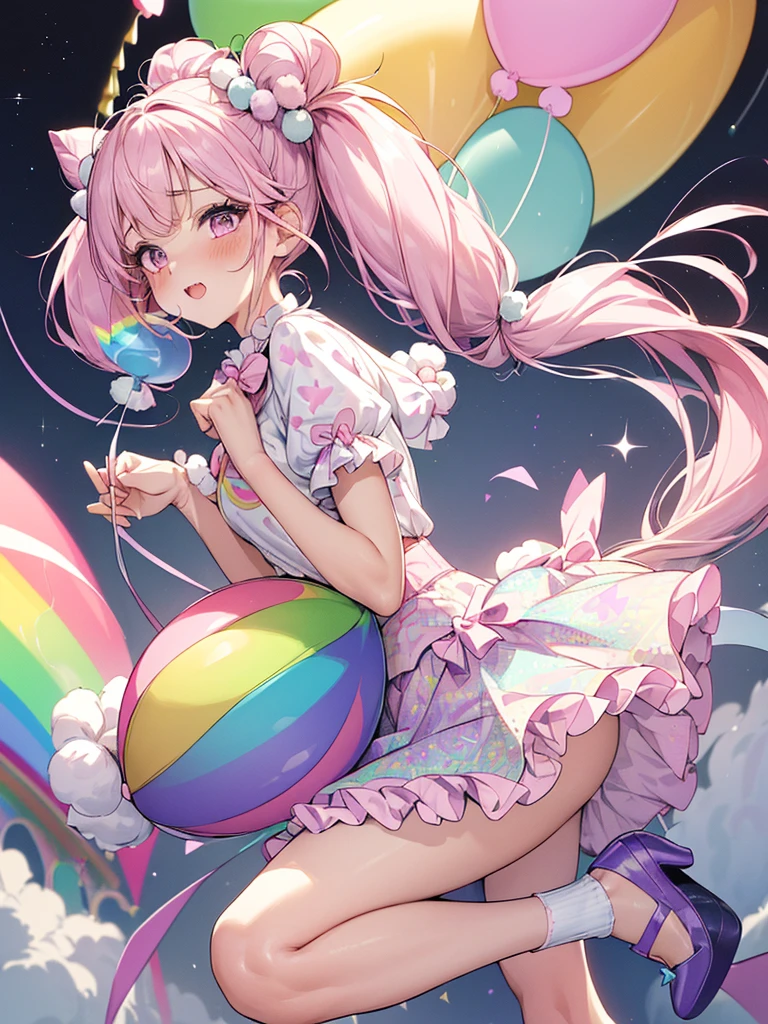 (whole body, legs and shoes visible: 1.2)) Expressive eyes, One girl, Pale skin, Long Hair, Windblown Hair, ((absurdly Long Hair)), Long Side Lock, Princess bangs, Hair bangs, Hair Bun, ((Very long twin tails)), Rainbow Hair, Light pink hair, blush, full face blush, big sparkling Pastel Purple eyes, (Gradient Eye), Laughing with your mouth open, cute pose, ((Holding a balloon : 1.3)) ((cute and pastel fashion)) ((🦄🎠🎈🎉 theme : 1.4)) A loose pastel dress, ((Dreamy multi-colored open dress)), (Floating ribbon), Lavender Frill, Pink frills, (Light blue lace), Removable short sleeves, Fluffy skirt, ((Rainbow and star printed skirt : 1.3)), Lolita Skirt, Purple ribbon, ((pom pom ribbon hair ornament : 1.4)), Multiple Bows, Striped lace stockings, (heart型のレッグガーター), cute (Pastel Purple) shoes ((Ultra-detailed clothing and fashion)) I&#39;m watching you, Vintage Girl, blush, (Beautiful attention to detail), (Highly detailed CG Unity 8k wallpaper) (Best Shadow), ((Very delicate and beautiful)), (Detailed light), ((Depth of written boundary)) Big Head, Big, bright eyes, Moe, Splash Art, Cinema Lighting, Front view, volumetric lighting maximalist photo illustration k resolution high resolution intricate detailed complex key visuals precise linear ((Dreamy pastel sky background, Surrounded by sunset clouds, shooting star, Castle above the clouds)) ((Ultra-detailed landscapes, Foggy clouds, Hung by balloons, heart : 1.3))