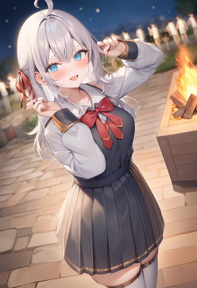 One girl, Alisa Mikhailovna Kujo,Tomorrow, my friend, Arya-san, will be visiting Russia.,alone, Long Hair, Eyebrows visible through hair, Hair between the eyes, Silver Hair, blue eyes, Medium chest, uniform、campfire、at night、School festival、Dancing folk dance、
View your viewers,
Highest quality, so beautiful,