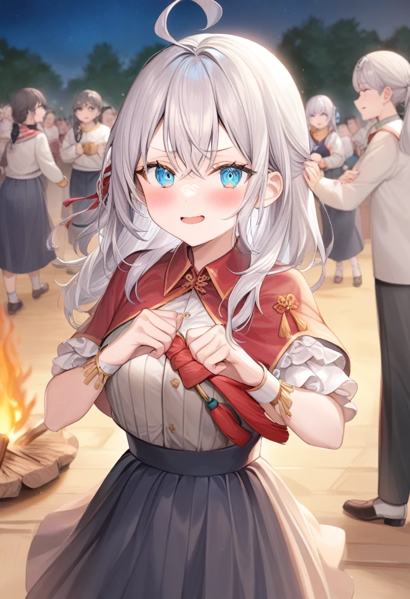 One girl, Alisa Mikhailovna Kujo,Tomorrow, my friend, Arya-san, will be visiting Russia.,alone, Long Hair, Eyebrows visible through hair, Hair between the eyes, Silver Hair, blue eyes, Medium chest, uniform、campfire、at night、School festival、Dancing folk dance、
View your viewers,
Highest quality, so beautiful,