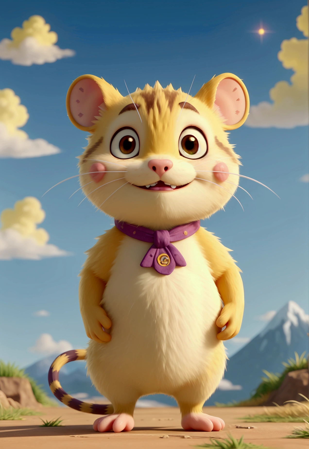 anime styling, animal rato. electric mouse, electrical powers, lightning-shaped tail, warm zigzag, , yellow mouse, chubby mouse, at the mountain, sunny blue sky,running on the grass