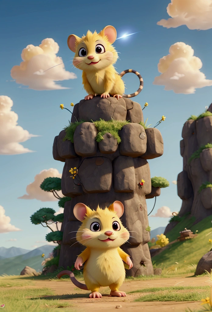 anime styling, animal rato. electric mouse, electrical powers, lightning-shaped tail, warm zigzag, , yellow mouse, chubby mouse, at the mountain, sunny blue sky,running on the grass