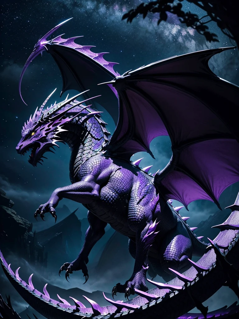 In this captivating piece, a majestic western dragon takes center stage, bathed in a rich palette of purple and black hues. The dragon's formidable presence is highlighted by its intricately scaled body, each scale shimmering with a mystical sheen. Its powerful wings are spread wide, displaying a gradient of deep purple fading into inky black at the tips, creating an ethereal glow against the night sky backdrop. The dragon's eyes are piercing, with a hint of ancient wisdom and untamed power, and its posture exudes both grace and strength, embodying the timeless essence of mythical legends.