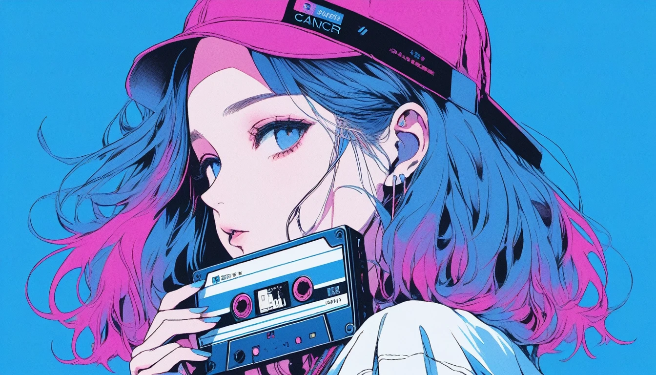 Illustrator, anime , Realistic ,sketch , 1 Girl, ,lip, tshirt,order, summer、Neon Hair,Textured Trim, Canadian, (masterpiece,Highest quality) Cancer、Realisticなカセットテープの大きさ、wear earphone,black background