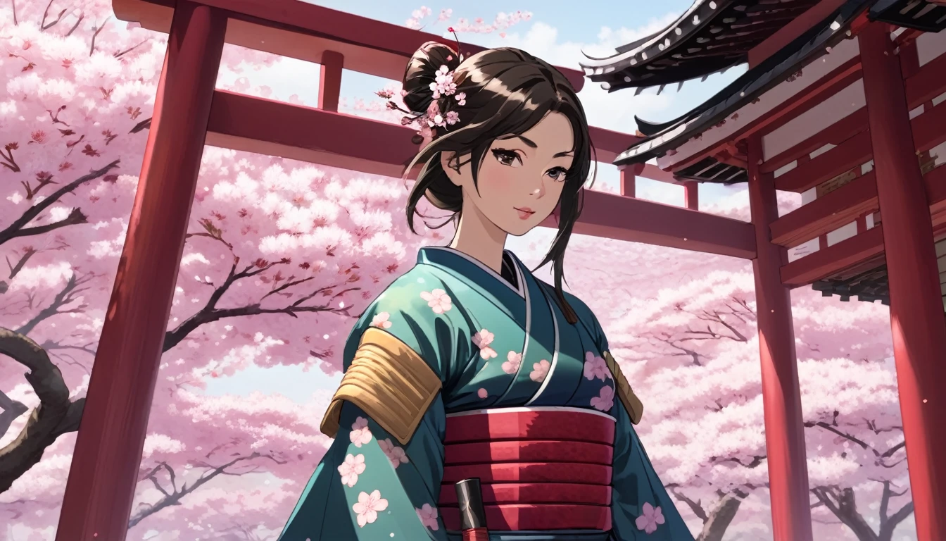 Female samurai,Cherry blossoms and Japanese temple