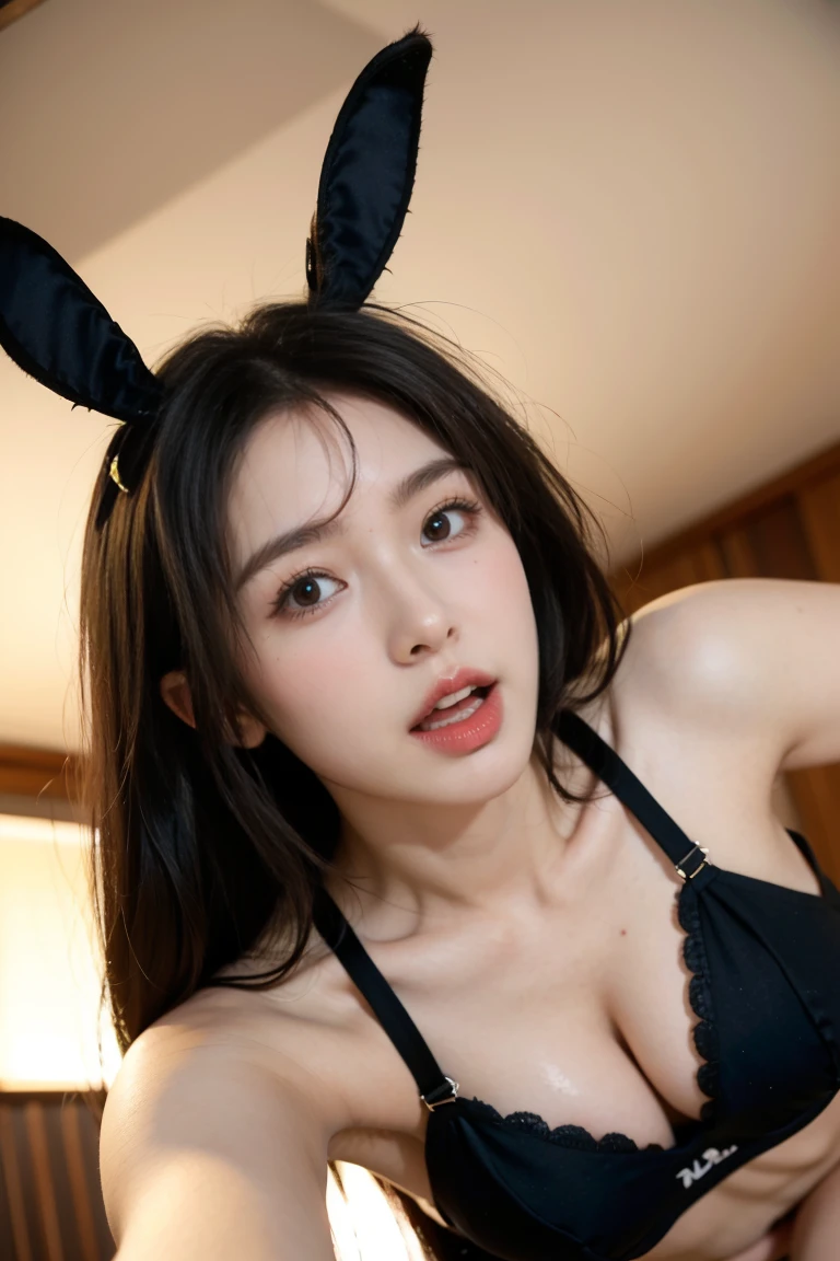 ulzzang-6500-v1.1, (RAW Photos:1.2), (Realistic:1.4), Beautiful detailed girl, Very detailed eyes and face, Beautiful and fine details, Ridiculous, Incredibly ridiculous, Huge file sizes, Very detailed, High resolution, Very detailed, Highest quality, Tabletop, One girl, 16 years old, ((Very detailed)), ((Dynamic pose))), (Camel Toe), (Open your mouth)),((Drooping eyes)),((round face)),((curl inside hair)), （Look away：1.1),Close-up of face,(((黒いplayboy bunny)))、Upper Body、Black Costume、Has bangs、((slender))、Slim body、((Look down)、((Eyes Wide Open))、(((Angle from below))、(D cup milk))、((Gorgeous Bra))、skirt、Eyes Wide Open、((((Surprised))))、Be surprised、Scream、Open your mouth、pain、Close ~ eyes、