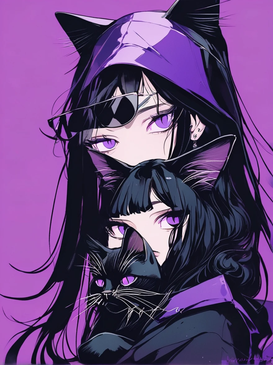 (masterpiece:1.2), (best quality:1.2), (ultra-detailed:1.2), finely detail, perfect anatomy, one girl, Anime girl with long black hair and purple eyes holding a black cat, young girls，young age girl，Emo girl and her , Portrait of goth cat and girl, Digital illustration style, in the art style of bowater, style of anime, Anime style illustration,serious expressions
