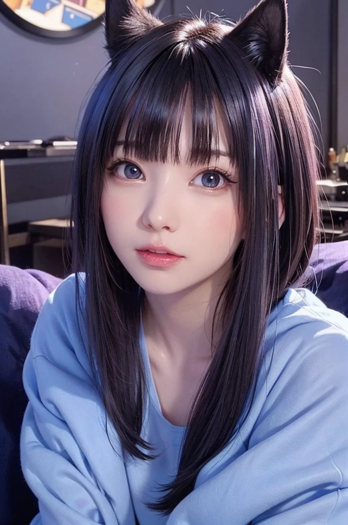 Top Quality, 4K, 8K, High Resolution, Masterpiece:1.2, Ultra Detailed, Physically Based Rendering, Professional, Vibrant Colors, Surrealism, Cat Animation, Illustration, Neon Lights, Colored Fur, Smoke, Night Scene, Bright Eyes, Mischievous Expression, Tendrilous Hair, Playful Tail, Wonderland Landscape, Dreamy Atmosphere, Glowing Stars, Enchanted Forest, Purple and Blue Color Palette, Ethereal Lighting, (Black Long Hair)