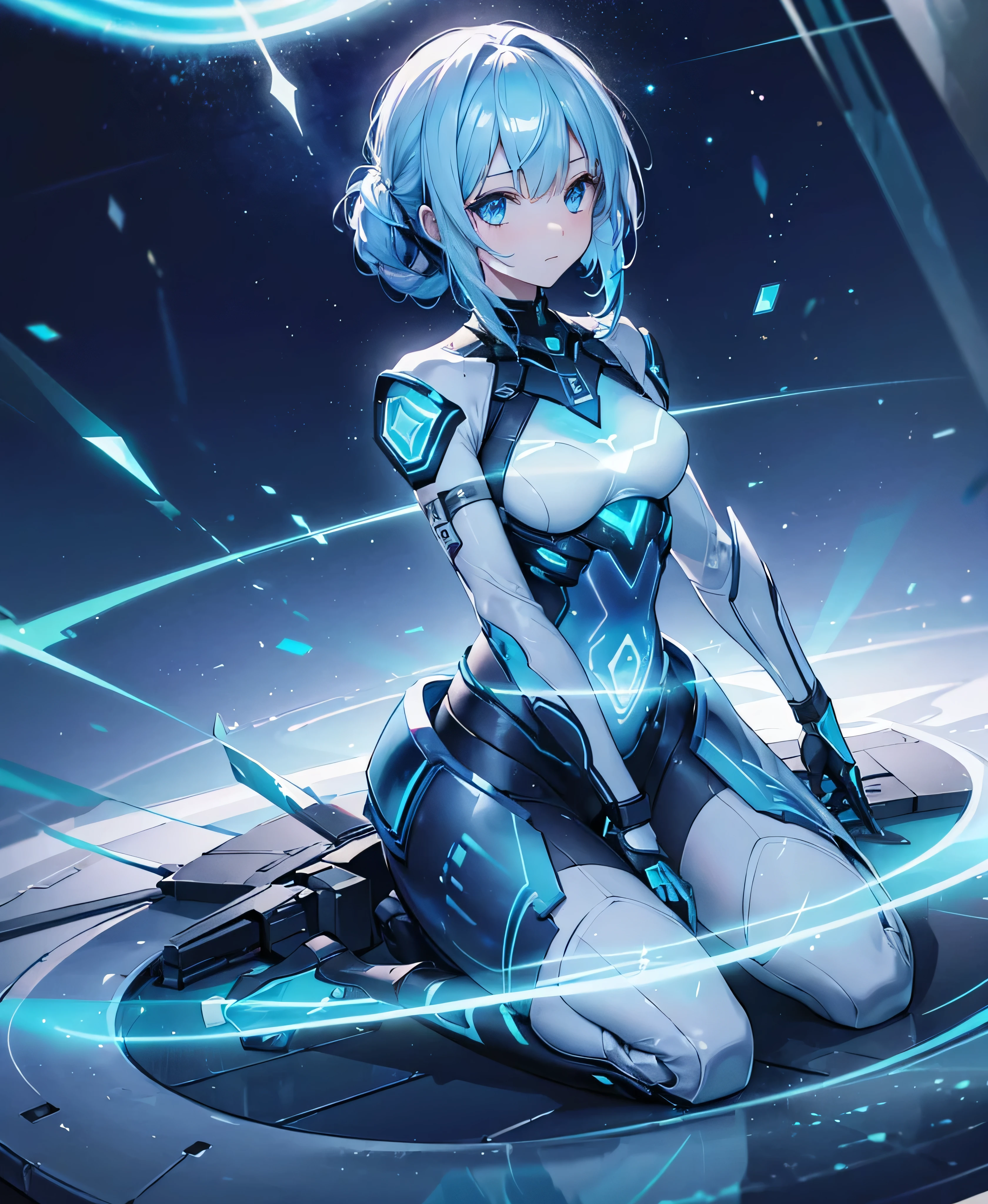 ((Holographic glow effect)),8k, Highest quality, (real:1.4), Original photo, 1 girl, Asari Hair, Biological Amplifier, refined armor, posture: Peace talks between warring factions, smart blue eyes,whole body,Vortex of Light,Band of Light,Wind of Light