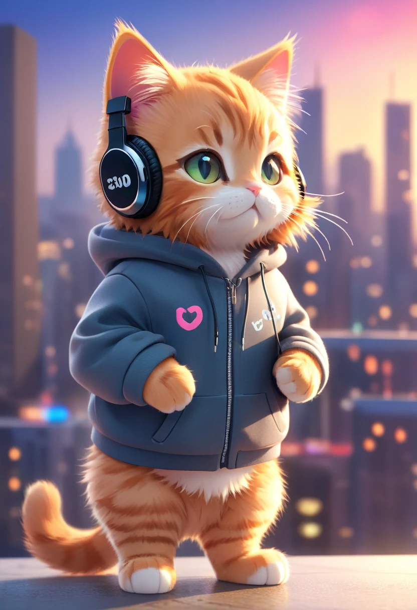 cute cat，Hairy，Wearing a hoodie and headphones, blurred city background, Cute numbers, 3D Rendering, Bright light, Vibrant colors,