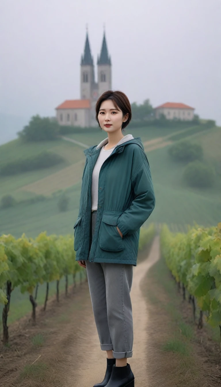 k Best picture quality, Beautiful 36-year-old Korean woman, Chest size 34 inches, Pass through vineyards in the Croatian countryside and see the cathedral in the early morning fog.., The back background is realistic and vivid quality., short and medium hair, Wearing a light parka and casual pants,Perfect and realistic photos, The background is realistic.. Full body shot with Canon camera 16-35 wide angle lens, expressionless, Standing on a vineyard hill covered in thick fog