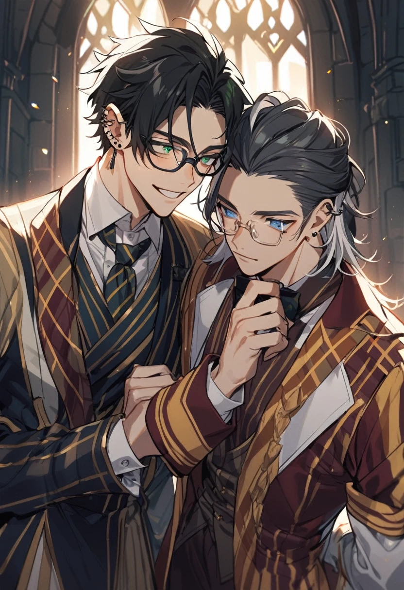 (2 guys, gay couple) (Male,5'4,pierced ears,light skin,blue eyes, white long hair half up half down,hogwards uniform) and (Male,5'8,glasses,light skin,green eyes,messy black hair,hogwards uniform)