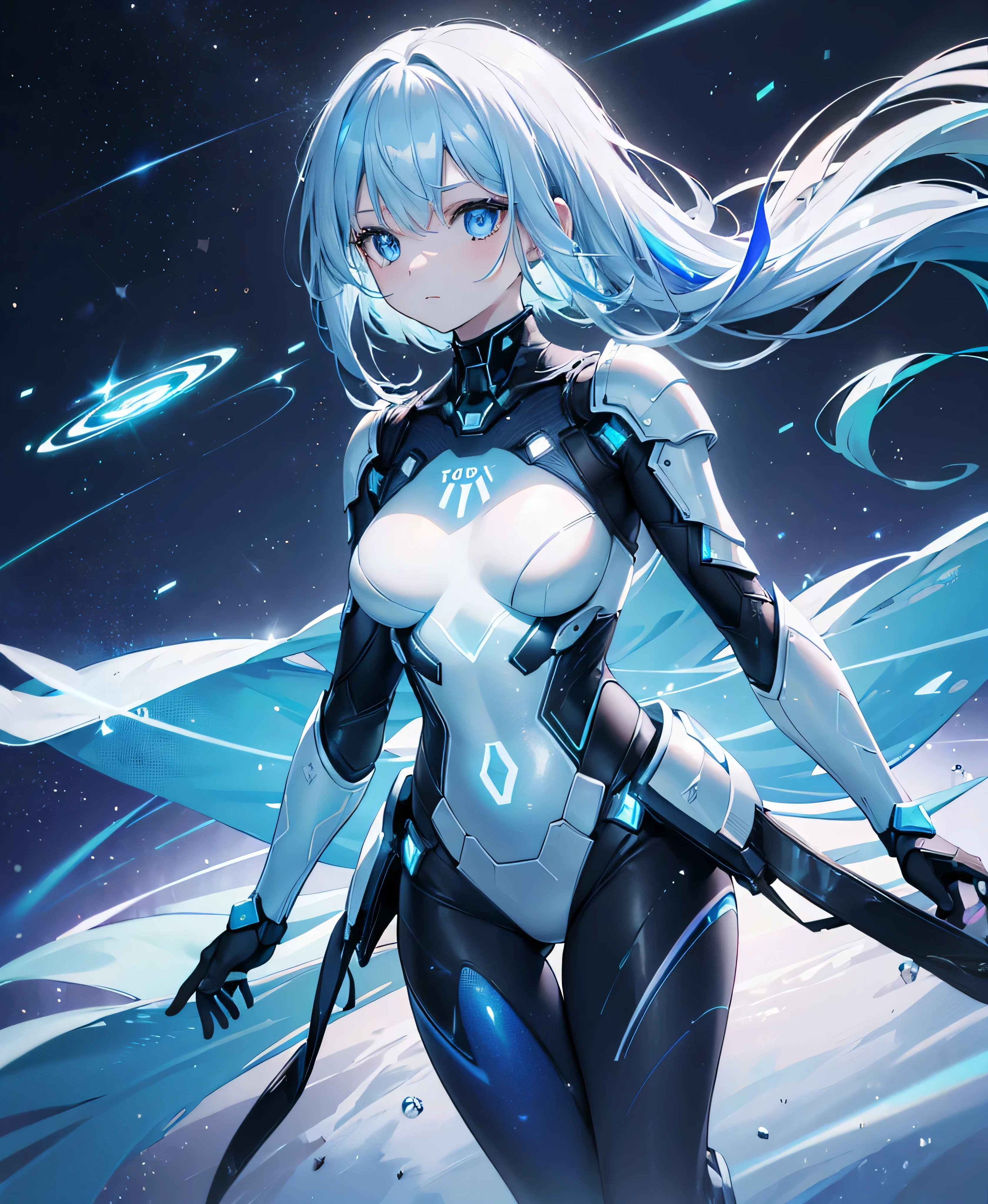 ((Holographic glow effect)),8k, Highest quality, (real:1.4), Original photo, 1 girl, Asari Hair, Biological Amplifier, refined armor, posture: Peace talks between warring factions, smart blue eyes,whole body,Vortex of Light,Band of Light,Wind of Light