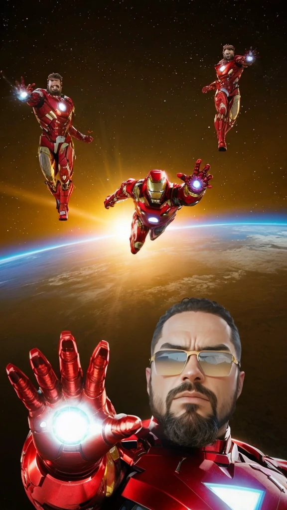Serious man with a beard and sunglasses, curly hair, with the iron man outfit. Better image quality, 3D style.