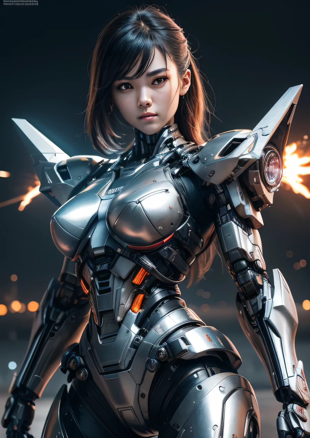 Textured skin, Super Detail, high details, High quality, Best Quality, hight resolution, 1080p, hard disk, Beautiful,(Terminator),beautiful cyborg woman,Mecha Cyborg Girl,Battle Mode,Girl with a Mecha Body,She wears a battle cyborg mech with a weapon,Fulll body Shot