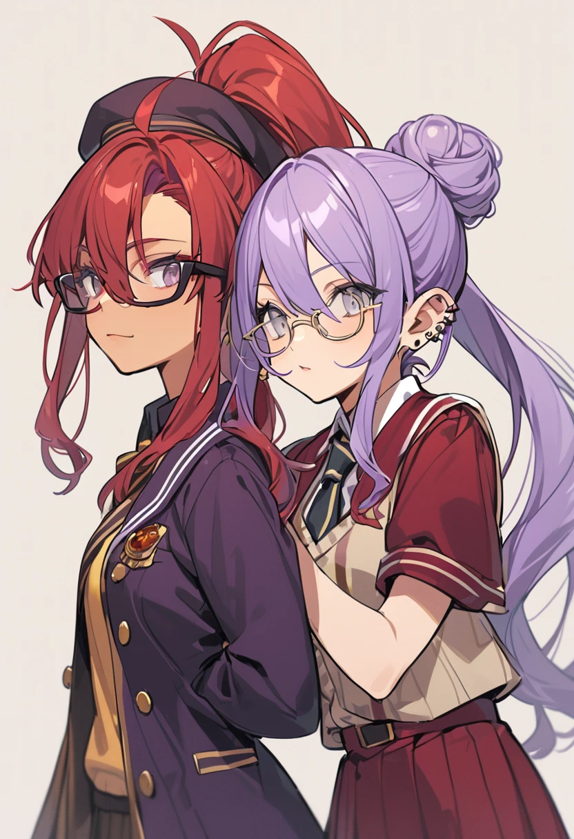 (Two female lesbian couple) (Female,5'6,pierced ears,light skin,hazel eyes,red long hair in a messy bun ,hogwards uniform) and (Female,5'5,glasses ,pierced ears,light skin,grey eyes,purple long hair in a high ponytail ,hogwards uniform)