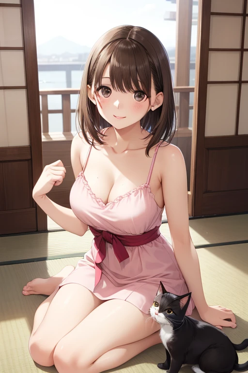 anegasaki nene、Shiny brown hair, short hair, (Beautiful brown eyes、Sparkling eyes, Fine grain)、smile、Ultra-detailed eyes、Very detailed顔, Very detailed目,


Woman sitting on a shelf with a cat,  Kamakura scenery, ,  Very detailed, Vibrant colors, Natural light, Beautiful views, Japanese architecture, Traditional style, Elegant pose, Pensive expression,Pink camisole mini dress、 Three-haired cat, Soft Focus, Warm tones, Structure of the film