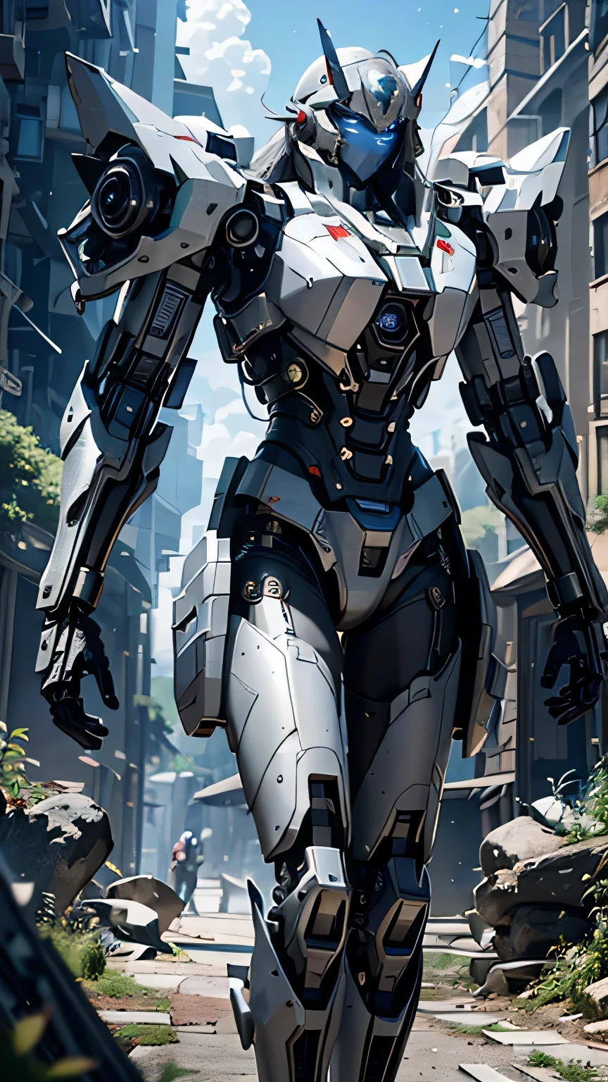 ((Best Quality)), ((Masterpiece)), (Very Detailed: 1.3), 3D, Shitu-mecha, Beautiful cyberpunk woman wearing crown with her mecha in ruins of a city in forgotten war, long silver hair, sci-fi technology, HDR (High Dynamic Range), ray tracing, nvidia RTX, super resolution, unreal 5, subsurface scattering, PBR texture, post-processing, anisotropic filtering, depth of field, maximum sharpness and sharpness, multi-layered texture, Albedo and specular mapping, surface shading, accurate simulation of light-material interactions, perfect ratios, octane rendering, duotone lighting, low ISO, white balance, rule of thirds, wide aperture, 8K RAW, high efficiency sub-pixels, subpixel convolution, luminous particles, light scattering, Tyndall effect