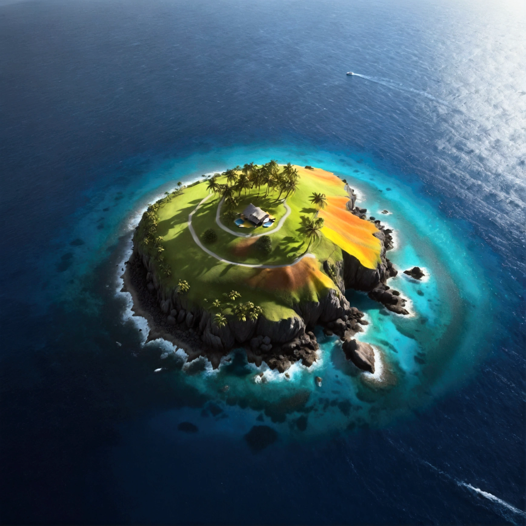 (rainbowcolored multiglowing island:1.4), from above, cinematic angle, realistic, hyper-realistic, photorealistic, (best quality,4k,8k,highres,masterpiece:1.2),ultra-detailed,(realistic,photorealistic,photo-realistic:1.37),vivid colors,dramatic lighting,