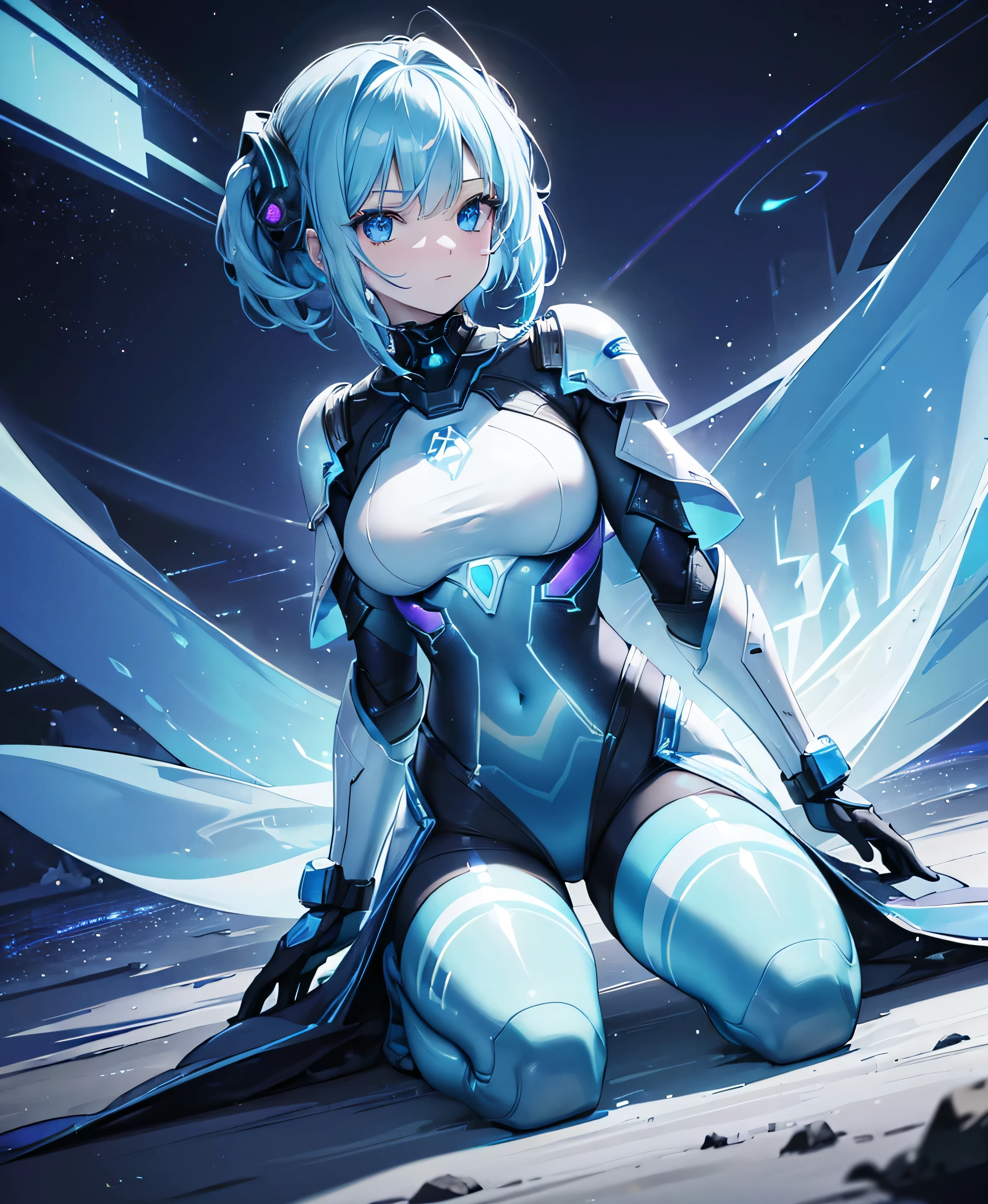 ((Holographic glow effect)),8k, Highest quality, (real:1.4), Original photo, 1 girl, Asari Hair, Biological Amplifier, refined armor, posture: Peace talks between warring factions, smart blue eyes,whole body,Vortex of Light,Band of Light,Aurora