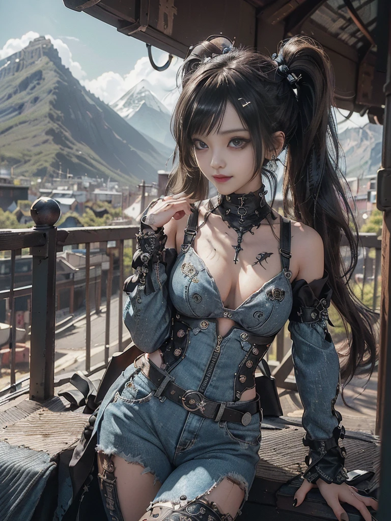 (Full Body View:1.2)、(Side view:1.1)、(Smiling with teeth showing:1.3),(Shibuya Gal:1.5)、(Beautiful:1.3)、(Gothic Lolita style fashion:1.5)、(Punk RockVisual Kei:1.5)、(Wearing a rhythmic gymnastics bodysuit with intricate details:1.4)、(Racing suit and pants with intricate decoration in beige, denim and charcoal:1.5)、(Denim and black and brown boots:1.3)、((belt))、(Numerous delicate logo marks all over the costume:1.4)、(collar:1.3)、(Polka dot underwear:1.5)、20-year-old、NSFW、((Highest quality、In 8K、masterpiece:1.3))、Sharp focus:1.2、(Layered Cut、Huge boobs:1.1),Beautiful woman with perfect figure:1.4、(do a gravure pose:1.3)、Slender Abs:1.2、Highly detailed face and skin texture、Detailed eyes、double eyelid,(Twin tails:1.3)、(Black brown hair:1.3)、Gravure idol、(The background is a vast mountain々Beautiful European tourist destinations:1.3)、(Slim Body:1.3),(Make your legs thinner:1.4),（clavicle:1.1）