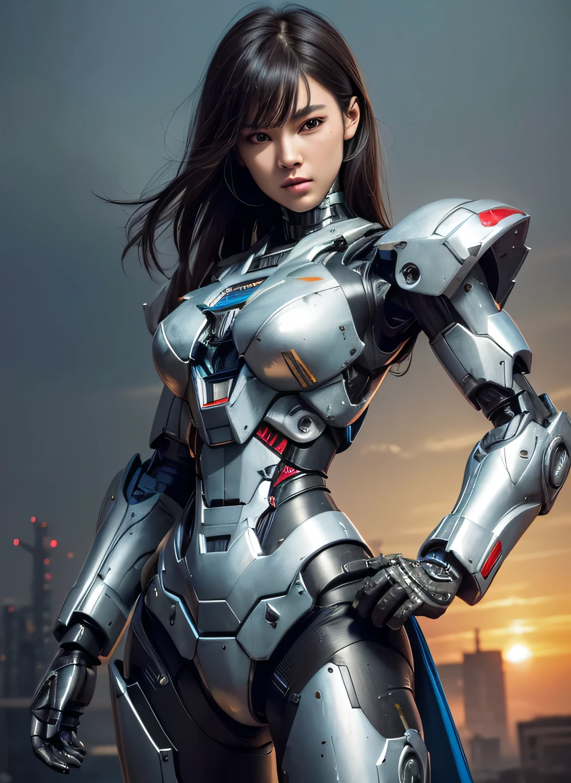 Textured skin, Super Detail, high details, High quality, Best Quality, hight resolution, 1080p, hard disk, Beautiful,(Superheroine),(Weapons on the back:machine gun),beautiful cyborg woman,Mecha Cyborg Girl,Battle Mode,Girl with a Mecha Body,She wears a battle cyborg mech with a weapon,Fulll body Shot