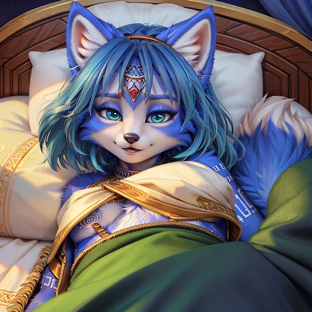 A beautiful and detailed (sweet picture) of ((Krystal)), Star Fox Krystal, (green eyes), medium breasts, (((Long blue hair 1.3))), anthro, furry, (of Fluff-Kevlar, Bayard Wu, Personalami, Pino Daeni), detailed fluffy fur, detailed face, (fluffy), 1 girl, alone, lies on a blanket, (looks at the viewer), ((Viewer is above her:1.4)), sleeps curled up, (((cuddles with her tail.1.4)))