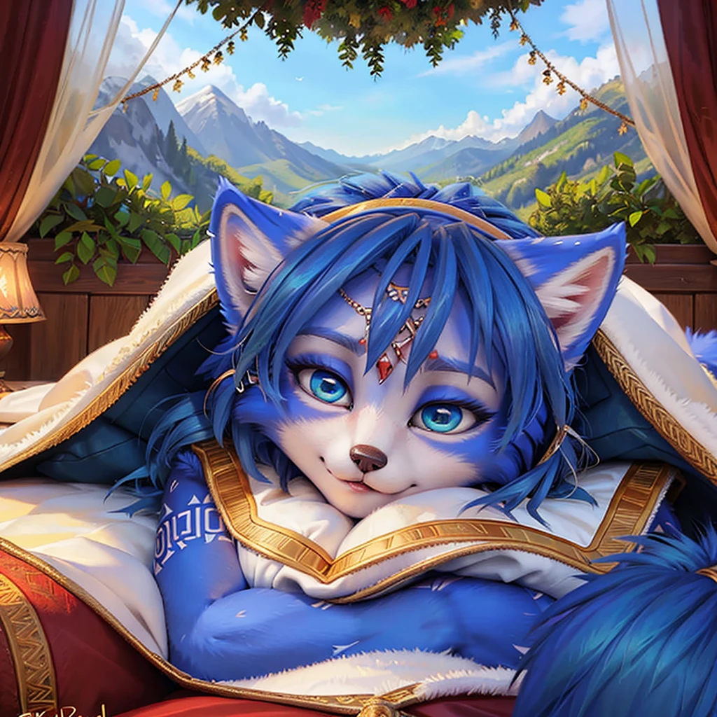 A beautiful and detailed (sweet picture) of ((Krystal)), Star Fox Krystal,  (green eyes), medium breasts, (((Long blue hair 1.3))),  anthro, furry, (of Fluff-Kevlar, Bayard Wu, Personalami, Pino Daeni),  detailed fluffy fur, detailed face, (fluffy), 1 girl, alone, lies on a blanket, (looks at the viewer), ((Viewer is above her:1.4)), sleeps curled up, (((cuddles with her tail.1.4)))
