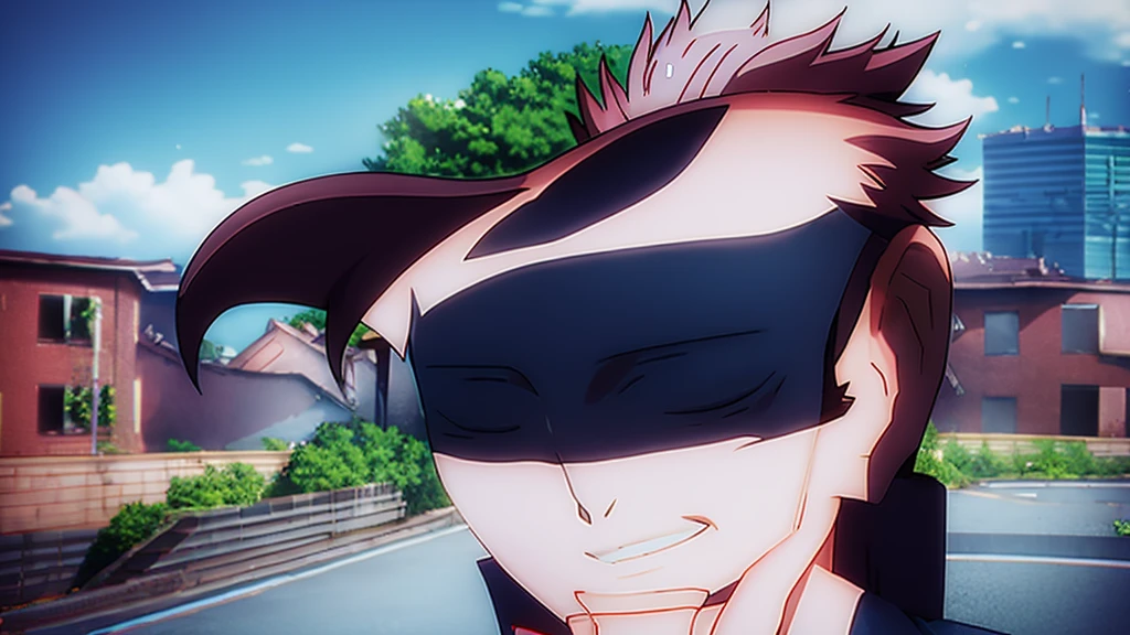 anime styling, Ryomen Sukuna, left hand on head, looking to the right side, background destroyed buildings.