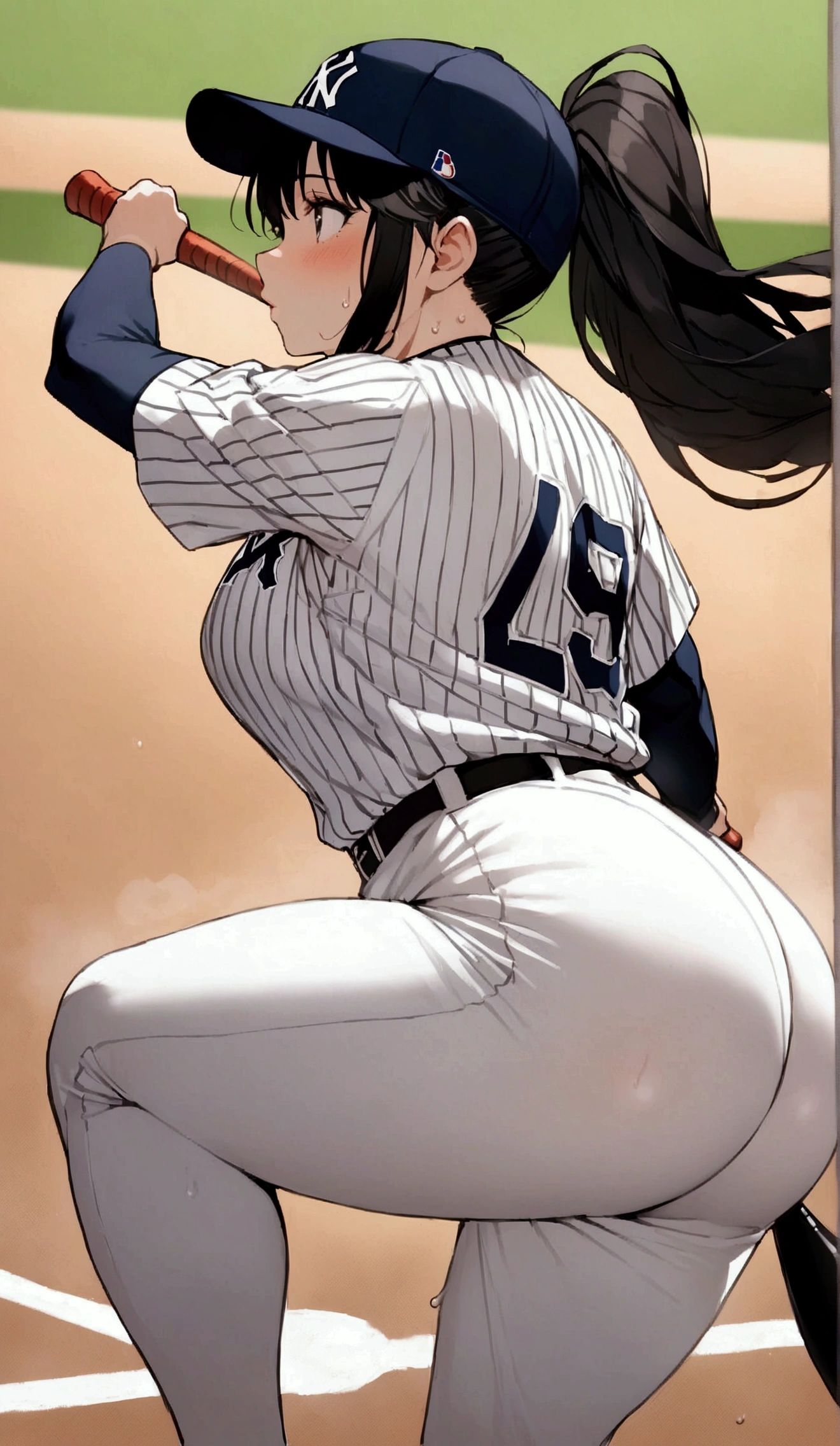 One woman、beautiful girl、high school girl、Baseball uniform、Yankees uniforms、Baseball cap、ponytail、Long Hair、baseball Ground、Batter、Batterボックス、Holding a bat、Baseball Swing、The stands are packed、swinging a bat、Hitting a baseball、Home Run、Highest quality, Thick thighs、Big 、Big Ass、Black Hair、Sweaty body、Ichiro's batting style、Number 51、Hit the ball