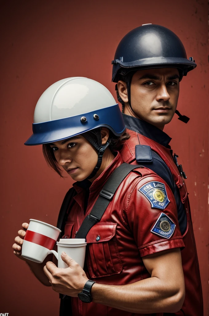 A police holding 2 cup of blood with helmet. In cup there is a wrap DU and nother one JU. In the red background. HDR. 3:4 ratio. 