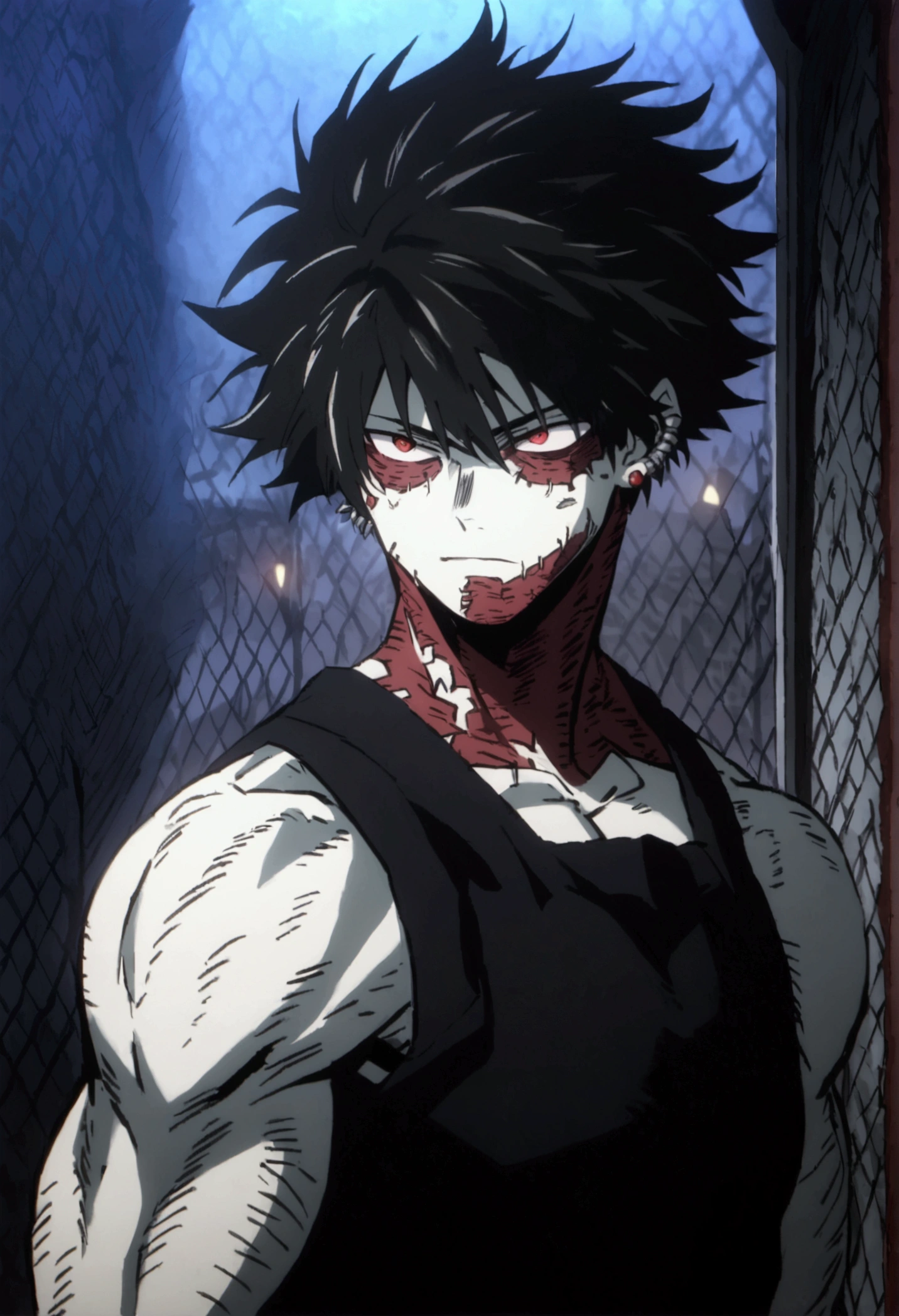 an anime-style male character with a muscular, defined torso. The character has a distinctive hairstyle with spiky black hair with red highlights., white skin tone, and clear red eyes that exude an intense, focused expression. You can see them on your face and shoulders. She wears small black earrings and tattoos on her neck. The background features a nighttime urban environment with out-of-focus lights, suggesting a city atmosphere. The overall mood of the image is dark and dramatic..