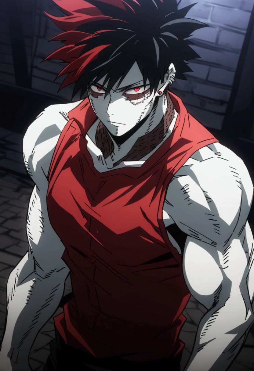an anime-style male character with a muscular, defined torso. The character has a distinctive hairstyle with spiky black hair with red highlights., white skin tone, and clear red eyes that exude an intense, focused expression. You can see them on your face and shoulders. She wears small black earrings and tattoos on her neck. The background features a nighttime urban environment with out-of-focus lights, suggesting a city atmosphere. The overall mood of the image is dark and dramatic..