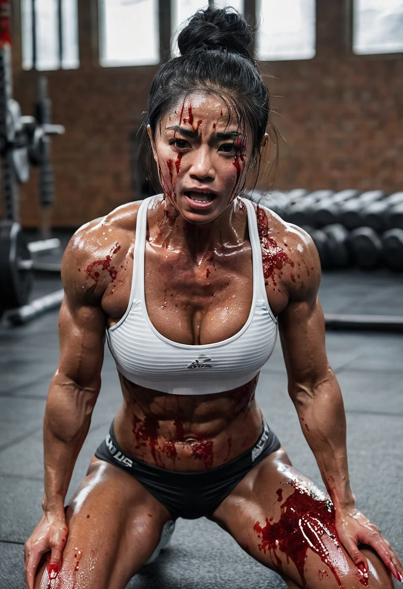 A fitness queen with eight-pack abs was beaten,Kneeling on the ground,Visible abdominal muscles,Defeat and injury,Abdominal muscle swelling and bleeding,Covered in blood,Painful expression,Abdominal muscle injury,Full of scars,Bruising, redness and swelling
