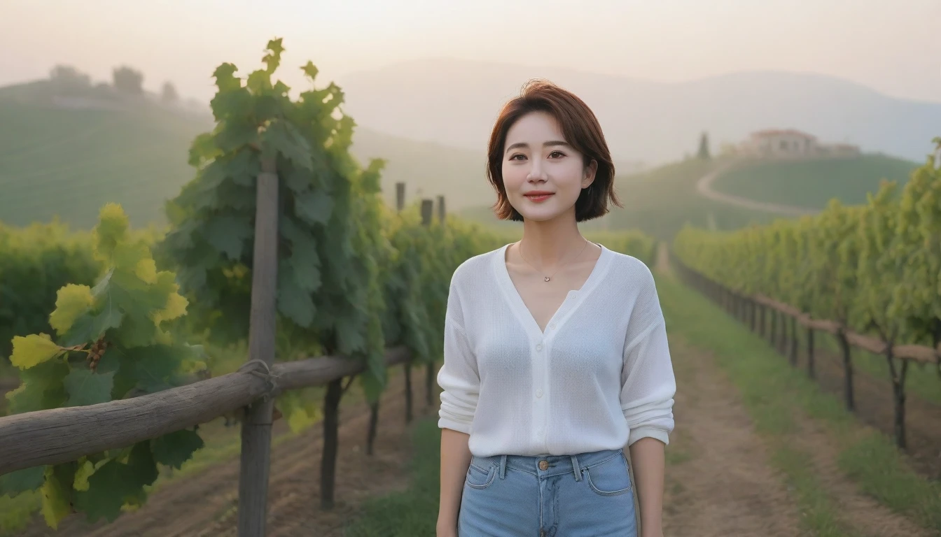 8k realistic, lifelike photo,, 36 year old Korean woman, Short in stature, pretty like a model. front view, White shirt and short cardigan, casual pants, short medium hair, Smiley, Italy. vineyard, thick dawn fog. vineyard 지나 짙은 안개 속으로 저 멀리 성당이 보인다. Full body shot from afar with a wide angle lens , 1 woman, Short in stature, looking at the camera, Excellent picture quality, The morning fog is thick, The picture quality is alive. Full body shot with Canon 16-35 wide angle lens, looking up the side