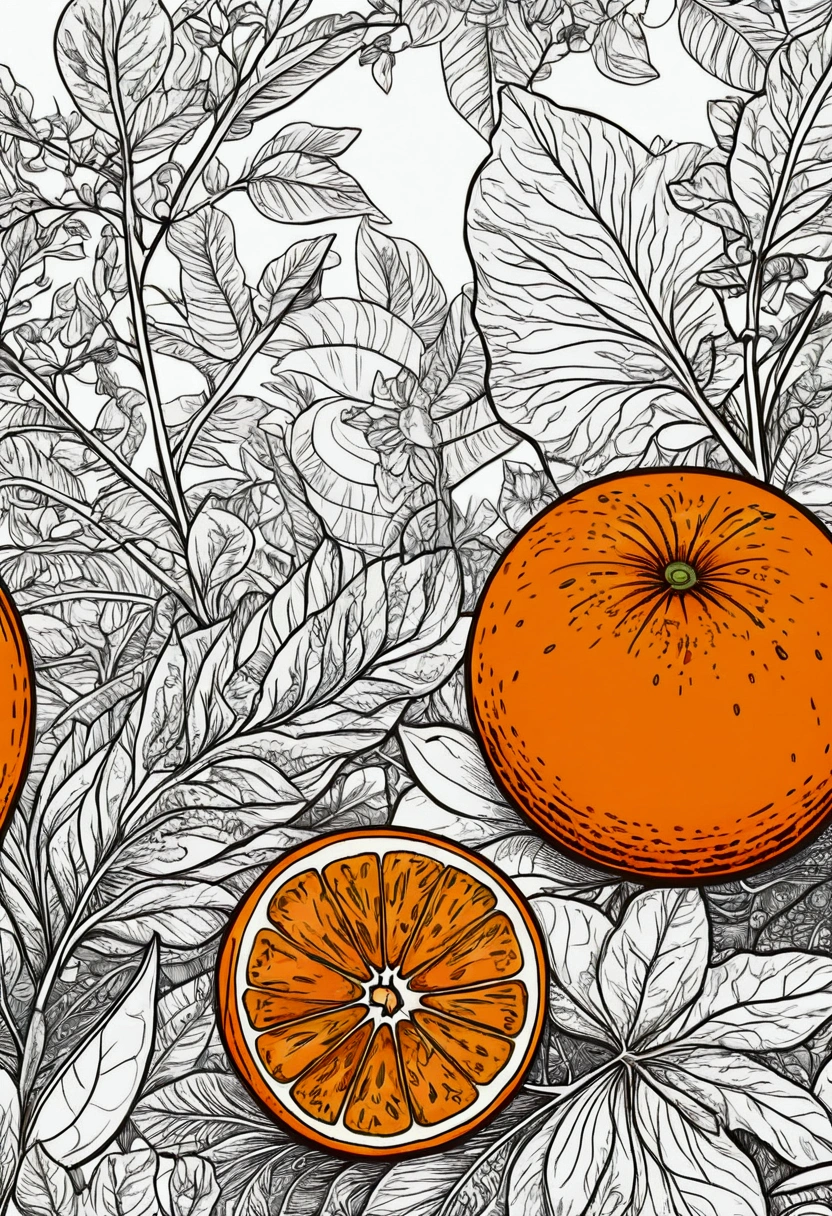 vector art, aesthetic, Vector drawing illustration an orange, vector, Complex details. digital art, detailed colors, bold outlines, illustrative, highly detailed