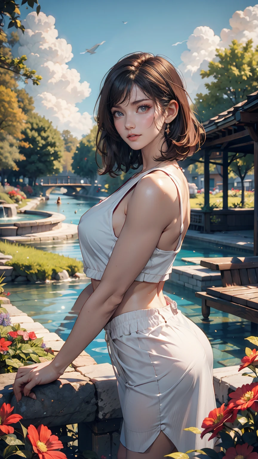 Pixel Art Generates beautiful and serene garden images, With colorful flowers, Gentle creek, and the sounds of nature. Showing calm, Life, And the beauty of a perfect day、24-year-old female、Sexy proportions、Sexy、Narrow waist、Bob Hair((bob cut))、Natural curls((wavy hair))、Red hair、Aerial perspective((atmospheric perspective))、Stiletto heels