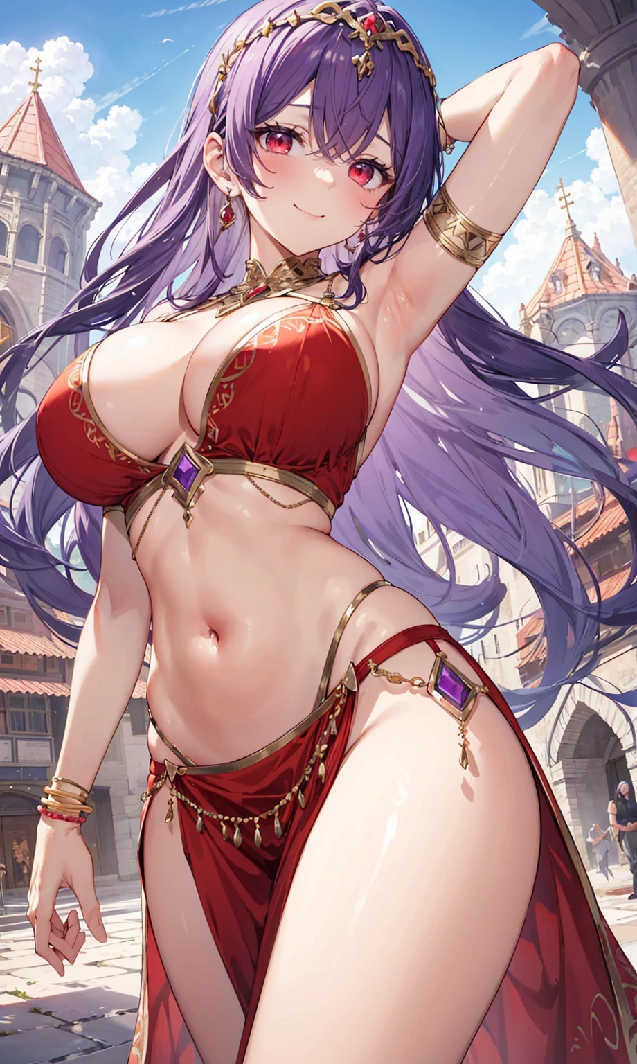 high quality, ultra detailed, best quality, insanely detailed, beautiful, masterpiece, 1girl, medieval plaza, cowboy shot, red eyes, long hair, purple hair, belly dancer, circlet, earrings, armlets, bracelets, bashful smile, large breasts, cleavage, soft stomach