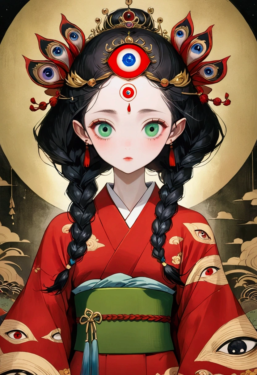 Art Illustration,Dark Style,(((1 Princess,Double braid,独奏,third eye on the forehead,big eyes))),(((Gorgeous Japanese red kimono:1.6,Eye Diagram,Dark Pattern))).(((Thin waist,Greenbelt:1.37)))whole body