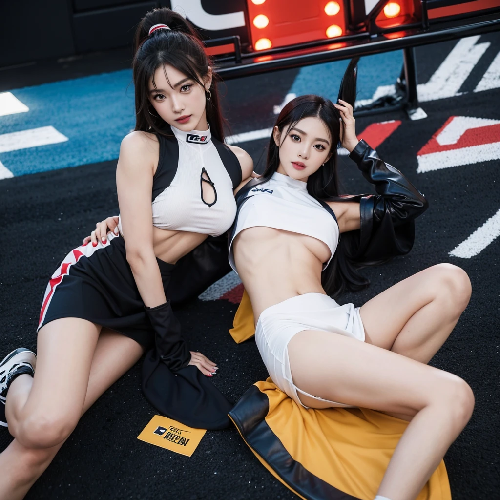 Ultra detailed face、Cool woman、Colorful costumes、F1 Driver Cosplay、Colorful costumes、Clothing with company logo、Grid Girlsのカラフルで派手な衣装、Grid Girls、Perfect Face、Paddock Girls、Harem、motor Show、tights、Bodycon Costumes、Grid Girls、Russia、Grid Girlsのコスプレ、belly button、Pleated skirt、Bodycon Costumes、Photographed in a sexy pose
