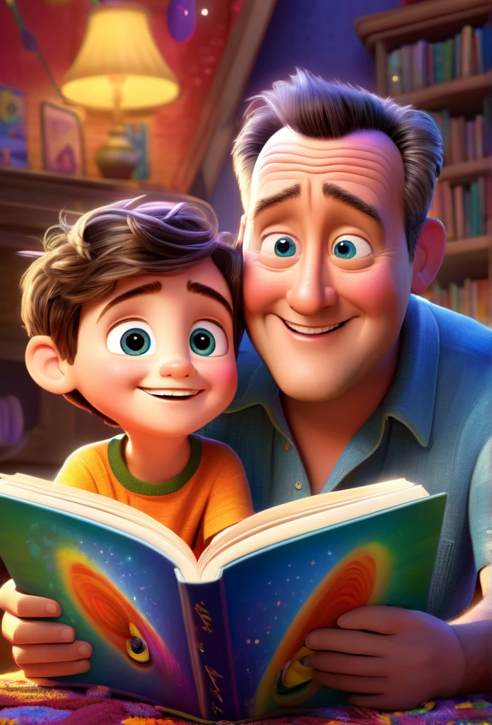 (wide amgle:1.2),(bright and vibrant colors), (highres), (realistic:1.37), Disney Pixar Movie poster, (art by Kevin James), skinny, no muscle, (55 years old man and his son),father and son, (beautiful detailed eyes:1.1), (beautiful detailed lips:1.1), smiling with a warm expression, (charming appearance:1.1), (professional lighting), (ultra-fine rendering), upper body shot, (expressive facial features:1.1), reading a book to the son, (reading intently:1.1), surrounded by magical elements representing different Pixar movies, (dynamic composition), (whimsical details), (playful characters), vibrant background, filled with color and joy, (3D render), (fantastical art style), (nostalgic aesthetic), (attention to detail:1.1).
