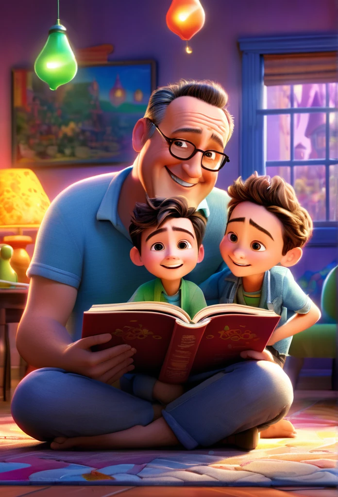 (wide amgle:1.2),(bright and vibrant colors), (highres), (realistic:1.37), Disney Pixar Movie poster, (art by Kevin James), skinny, no muscle, (55 years old man and his son),father and son, (beautiful detailed eyes:1.1), (beautiful detailed lips:1.1), smiling with a warm expression, (charming appearance:1.1), (professional lighting), (ultra-fine rendering), upper body shot, (expressive facial features:1.1), reading a book to the son, (reading intently:1.1), surrounded by magical elements representing different Pixar movies, (dynamic composition), (whimsical details), (playful characters), vibrant background, filled with color and joy, (3D render), (fantastical art style), (nostalgic aesthetic), (attention to detail:1.1).
