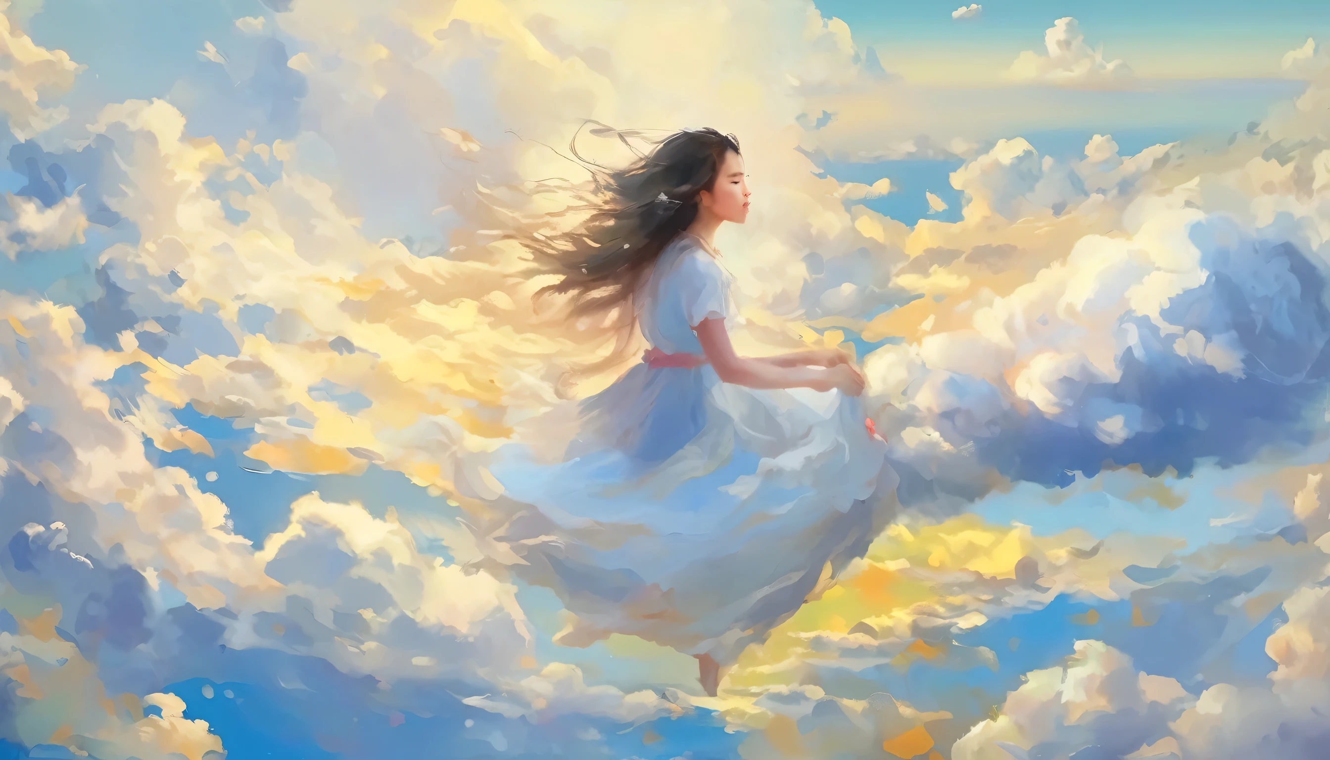 (From above the clouds), Beautiful girl flying in the sky、The girl is holding a bouquet、Beautiful Face、Mad Paint、Dark blue sky、White cumulonimbus cloud、Masterpiece、Highest quality、Golden Ratio、pastel colour、impressionist painting、