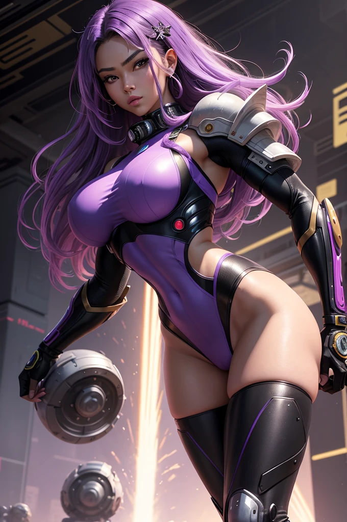 A beautiful, exuberant and very young cybernetic android warrior with black African and oriental Japanese and Chinese features, mixed with the clone of the Greek warrior goddess Athena, with super mega giant breasts, purple eyes, transformed into a super sensual and extremely muscular astronaut, fitness, fit bodybuilder and weightlifter, wearing very short, radical punk style, purple and very straight hair in locks, wearing cyberpunk battle clothes, fighting robots in a huge futuristic arena