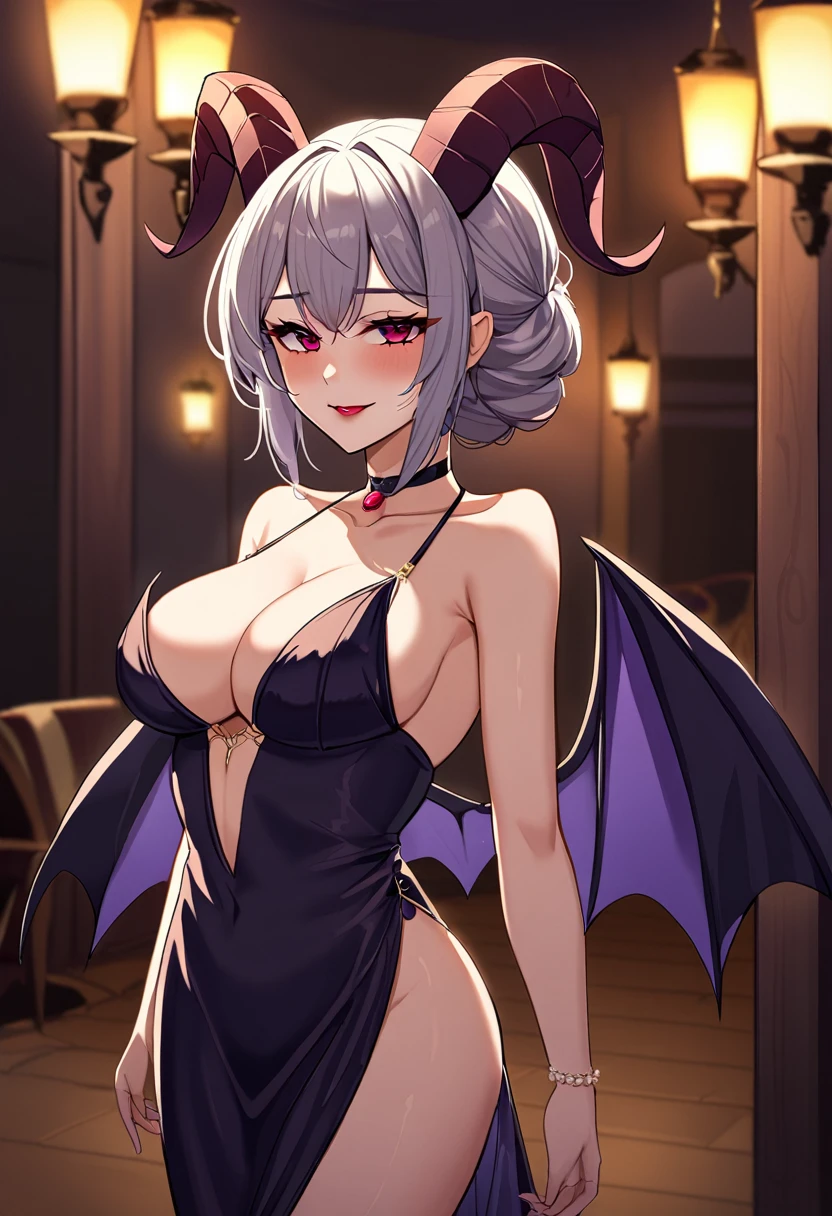 28 years old,Succubus,Beautiful breasts,A beautiful woman,Goat horns on the sides of the head,bat wings on the back,,A gentle smile,Brothel,Prostitute,Evening Gowns