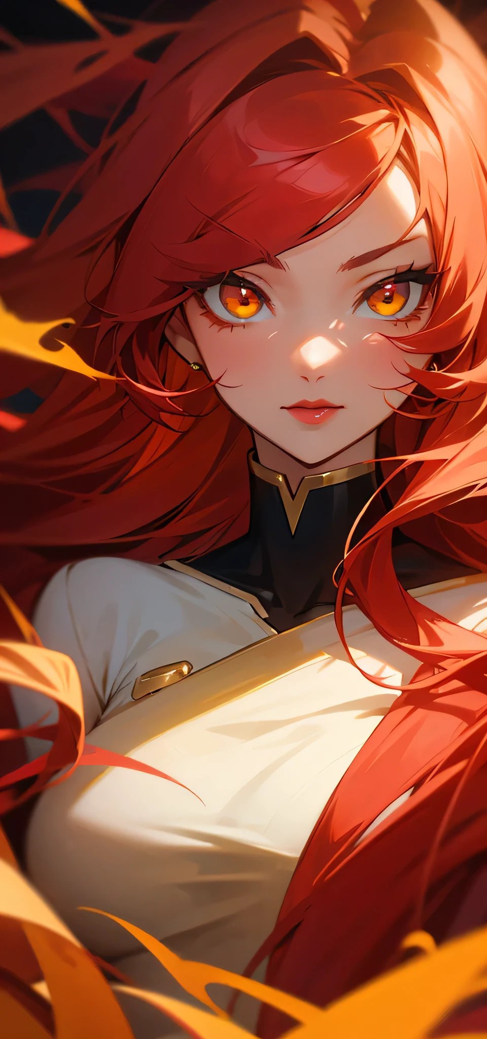 Long Red hair, yellow golden eyes and wearing a lipstick red anime girl