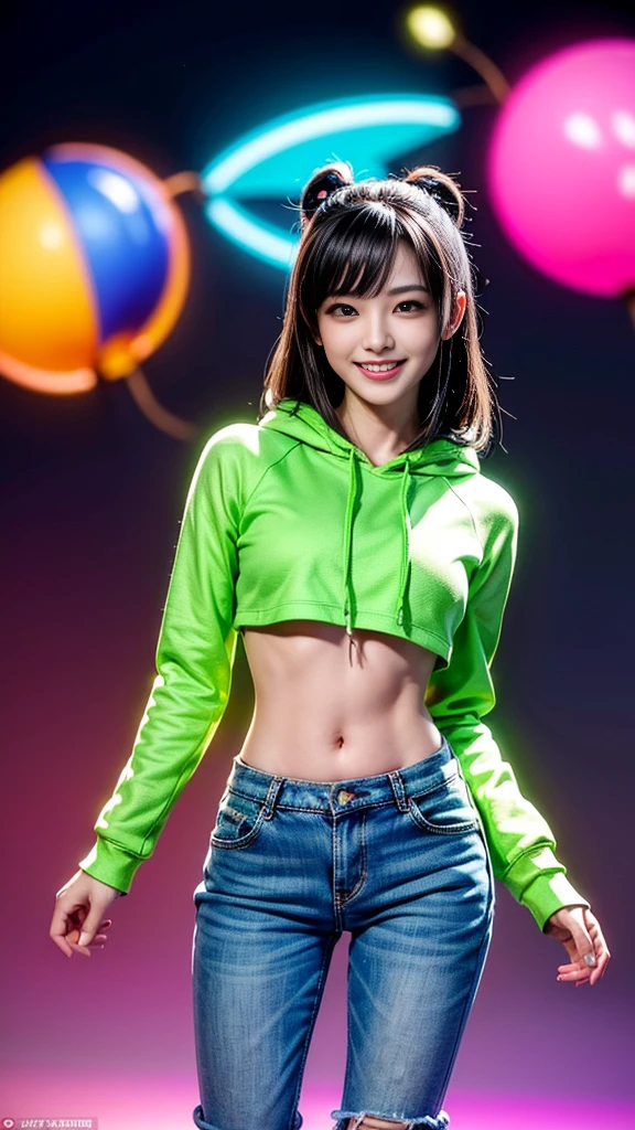 ((masterpiece, 最好of质量, Highest image quality, high resolution, Reality, RAW photos, 8K)), Ultra wide angle, girl, (Lower Bust:1.4),Big sagging breasts、(Smile:1.5),Colored undercoat,长长of灰白头发:1.5,蓬乱of长发:1.35,Black long hair,复杂of发型,(((neon_粉色of_With eyes:1.3))),复杂of眼睛,美丽而精致of眼睛,Symmetrical eyes)),(Lower abdomen,Willow Waist,Wide hips,Athlete physique,Inflatable legs,Detailed body), 可爱of大乳房,of,((((Cropped Hoodie,)))), (Dynamic poses:1.0),Just focus,Awkward,(Centrally located,Scale to Fit,Rule of Thirds), Neon lights are particularly eye-catching, very bright neon light,at night, starry night, universe, Art Photography,(Photo by sldr),high resolution, Clear focus, (写实of艺术品:1.37),(extremely detaildof CG unified 8k wallpapers),((Synthwave Background Theme)),(((Bright colors))),complex,(complexof背景),(tmasterpiece),(最好of品质),Itof a perfect face,完美of面部细节,逼真of脸,Live photos,analogy style,((复杂of细节)),(((实际of))),