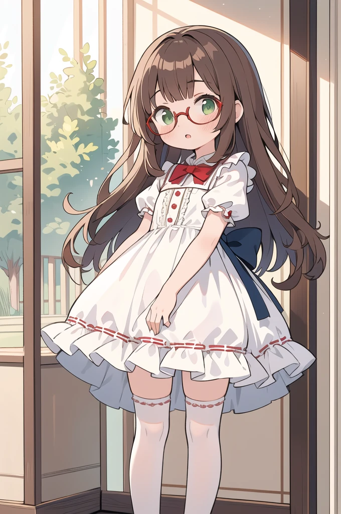 (masterpiece, best quality), 1girl, Spanish girl, green eyes, wearing eyeglasses, brown hair, red and blue frill dress, kinder girl, geneus girl(white stockings), cute face, standing, indoor, intricate detail, sunlight,