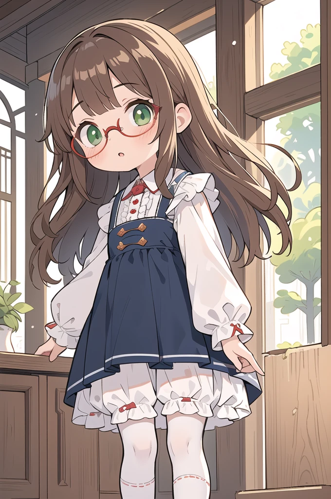(masterpiece, best quality), 1girl, Spanish girl, green eyes, wearing eyeglasses, brown hair, red and blue frill dress, kinder girl, geneus girl(white stockings), cute face, standing, indoor, intricate detail, sunlight,